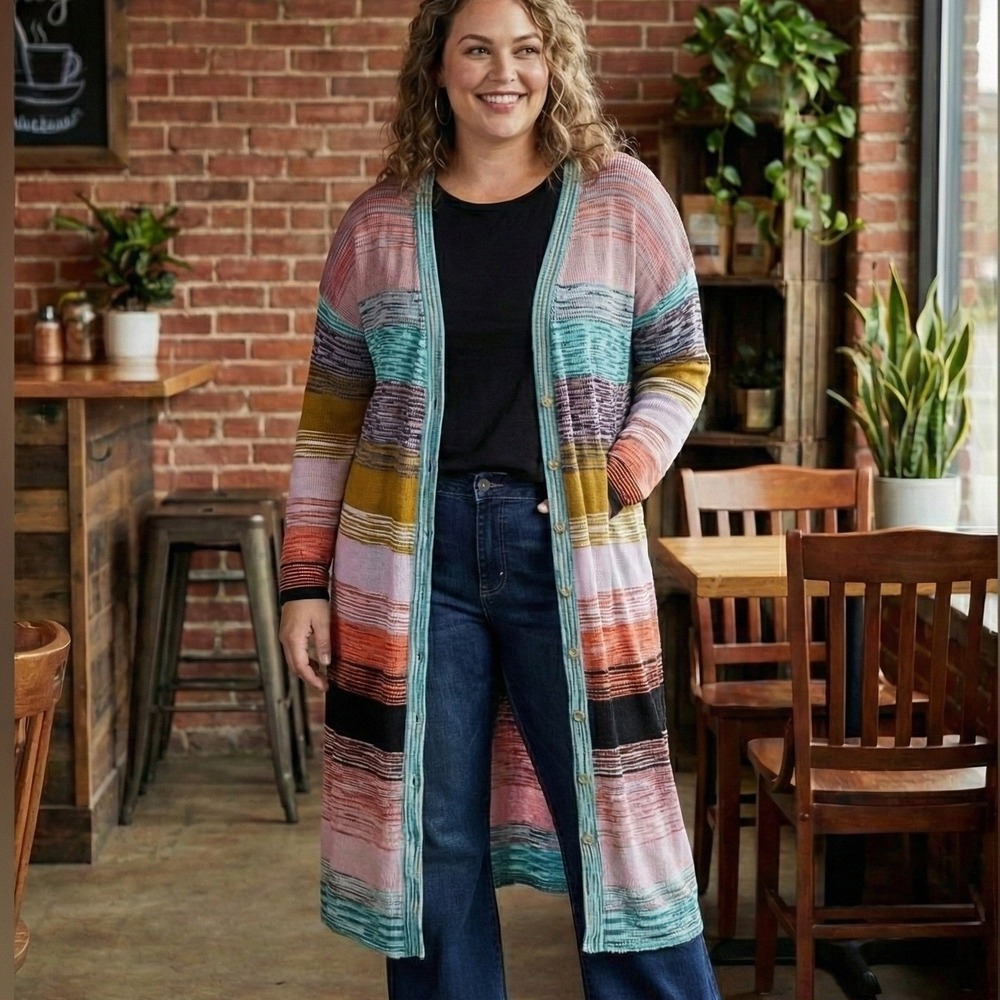 Plus Size 2X Boho Duster Cardigan Space Dye Striped 70s Retro‎ Ribbed Knit Artsy